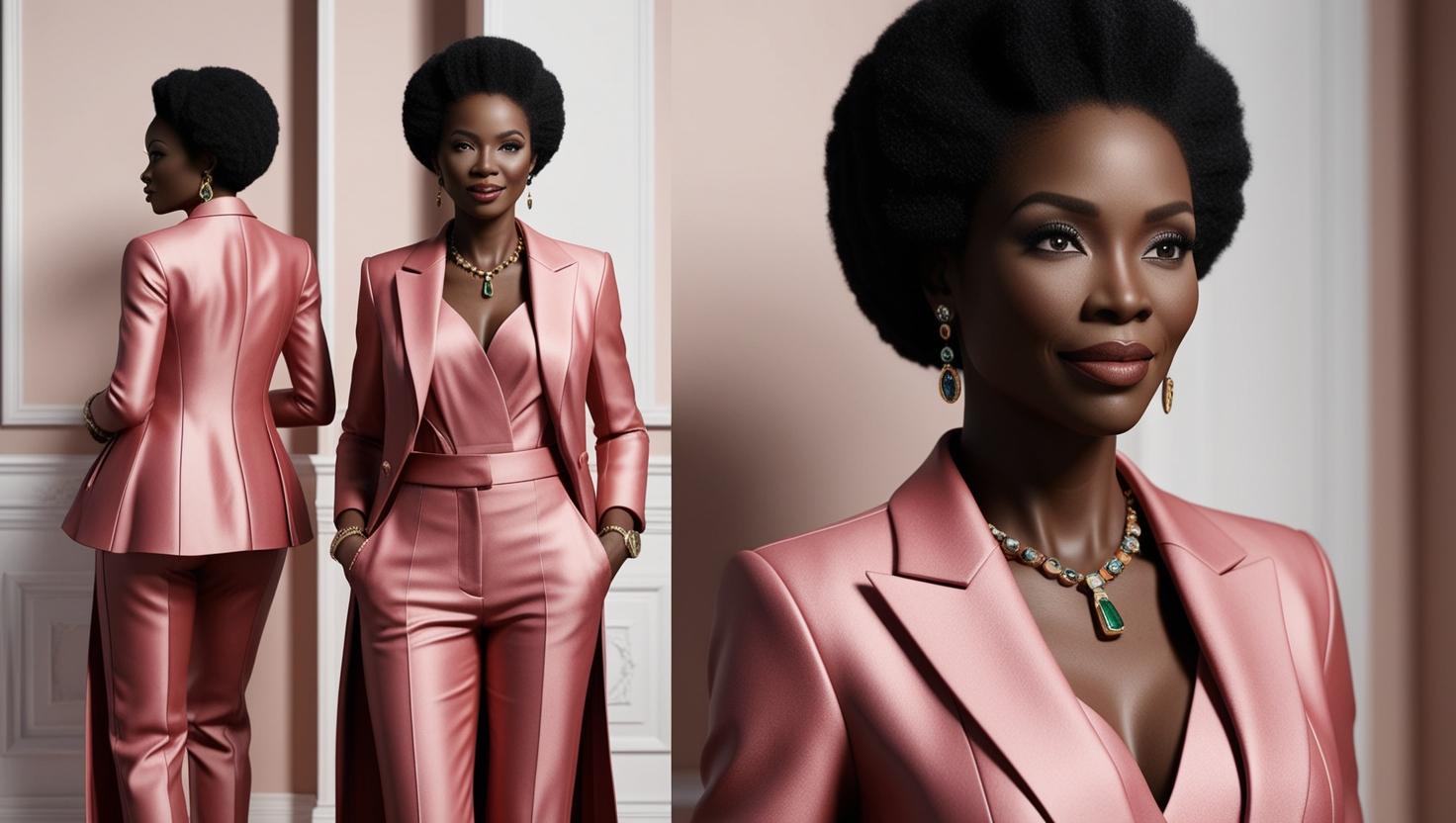 Make an image of size 2200 by 1412 of well dressed and stylish African lady